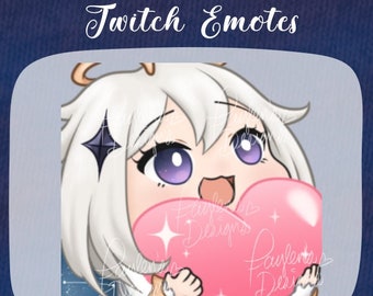 May include: A cartoon character with white hair and purple eyes is holding a large pink heart. The character is wearing a white dress with gold accents. The text "emotes by @faylens.designs" is at the bottom of the image.
