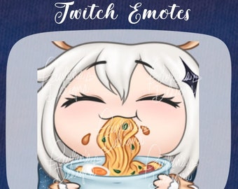 May include: A white-haired anime character with a large bowl of noodles in front of them. The character is smiling and has their eyes closed. The bowl is blue and white and contains noodles, an egg, and green vegetables. The text "emotes by @faylens.designs" is at the bottom of the image.