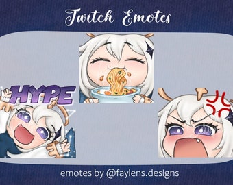 May include: Three Twitch emotes featuring a cartoon character with white hair and purple eyes. The first emote shows the character with a happy expression, the second shows the character eating noodles, and the third shows the character with an angry expression. The text "HYPE" is visible in the first emote.