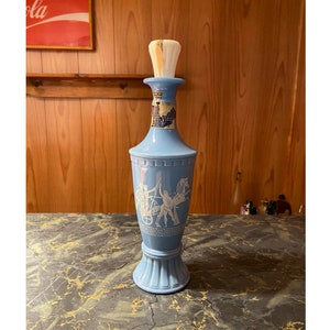 Vintage 1960s Jim Beam Decanter Beam&#39;s Choice Light Blue Bottle with White Lid Roman Chariot Decal