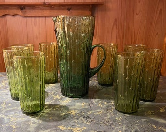 Vintage Midcentury Anchor Hocking 64 oz Iced Tea Pitcher and 12 oz 8 Glasses Tahiti Bamboo Avocado Green Glass