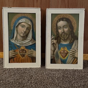 Pair of Vintage Religious Mary and Jesus Color Lithographs 11 1/2 in w x 18 1/2 in h
