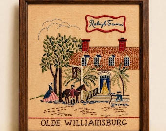 Vintage “Olde Williamsburg – Raleigh Tavern” Framed Needlepoint Wall Art | Colonial Americana Folk Art Embroidery