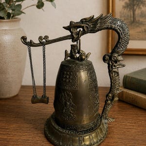 Vintage Brass Dragon Temple Bell | Asian Meditation Gong, Chained Striker