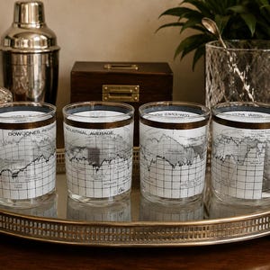 May include: A set of four clear glass tumblers featuring a black and white printed Dow Jones Industrial Average stock market graph. Each glass has a gold-toned rim and displays historical financial data points and grid lines on the exterior.