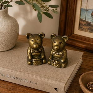 Vintage Brass Teddy Bear Pair | Solid Brass Bear Figurines | Boy & Girl Bears | Nursery Shelf Decor | Brass Animals