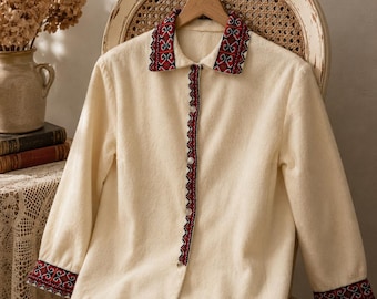 Vintage Soft Woven Wool Blouse | Embroidered Handmade Style Cardigan | Scandinavian Boho Women's M