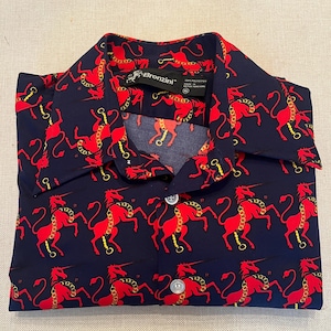 Vintage 1970s Bronzini Novelty Print Button Up Shirt XL | Red Rampant Horse Unicorn Pattern | British Hong Kong | Mint Condition Disco Shirt
