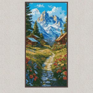 Peut inclure: Une peinture vibrante représentant un paysage de montagne avec des sommets enneigés sous un ciel bleu. Un chemin de pierre mène à travers une prairie de fleurs sauvages vers des chalets rustiques aux toits rouges. L'œuvre est encadrée d'une bordure marron foncé.