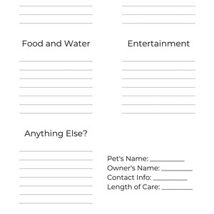 Pet Care Printable Petsitting Sheet Animal Care List Vacation Planning ...