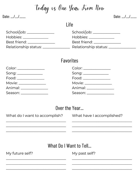 Today vs One Year From Now - Time Capsule Yearly Reflection Printable Journal Page