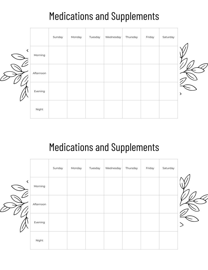 Medications and Supplements Chart Set of 2 Printable Organizers for