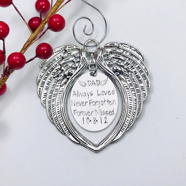Memorial Ornament, Loss of Father Memorial Christmas Ornament, Enjoy Special Memories when Hanging this Personalized Angel Wing Ornament.