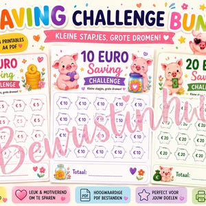 Op de afbeelding: Een digitale spaarchallenge-bundel met drie A4 PDF-printbare vellen met varkentjesillustraties. Elk vel toont een spaarchallenge van 5, 10 of 20 euro met rijen spaarvarken-iconen, tekstlabels en kleurrijke decoratieve elementen.
