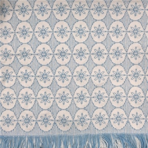 Può includere: Una coperta in tessuto bianco tessuta con un motivo a fiocco di neve blu. La coperta ha un bordo a frangia.
