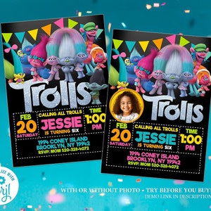 Trolls Invitation, Photo Invitation Template, Trollstice Birthday Party, Trolls Birthday Invitation, Trolls Party Invites, Trolls Printables