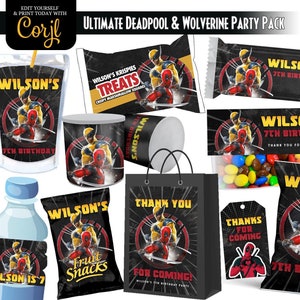 Impressions de fête Deadpool, Deadpool - fête d'anniversaire Wolverine, décoration de fête piscine morte n faveurs, étiquettes numériques de super-héros & tags CORJL