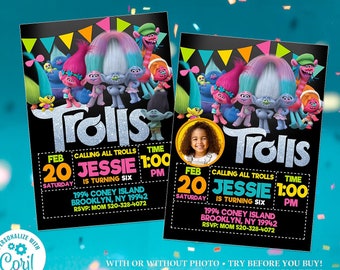 Trolls Invitation, Photo Invitation Template, Trollstice Birthday Party, Trolls Birthday Invitation, Trolls Party Invites, Trolls Printables