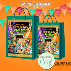 Étiquette de sac cadeaux Prince frais, thème de baby shower Prince frais, Art Prince frais imprimable, cadeau d'anniversaire Prince frais, CORJL modifiable