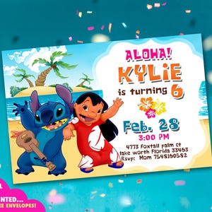 Lilo and Stitch-uitnodiging, Stitch-verjaardagsuitnodigingen, gedrukte uitnodigingskaart of digitaal bestand, uitnodiging Galactische buitenaardse wezens, Hawaiiaanse uitnodiging