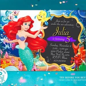 Faire-part de la petite sirène, invitation Ariel, fête d'anniversaire sous la mer, invitations imprimables sirène, modèle Corjl modifiable, anniversaire de fille