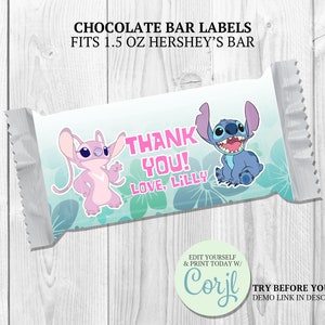 May include: Chocolate bar label with a light blue and white background. The label features the text "THANK YOU! LOVE, LILLY" in pink, along with cartoon characters. The label fits a 1.5 oz Hershey's bar.