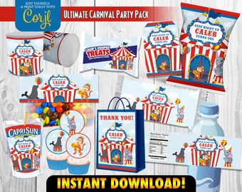 Carnival Birthday Party Printables, Carnival Circus Party Decorations Templates, Carnival Party Favors, Personalized Labels via CORJL