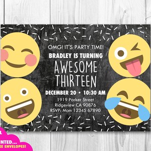 Emoji Einladung, Social Media Geburtstag lädt ein, gedruckte Einladungskarte oder digitale Datei, Emoji Gesichtseinladung, Teen Smiley Geburtstagskarte