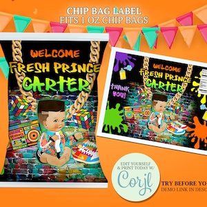 Fresh Prince Chip Bag Label: Birthday Baby Shower Decoration (Editable Template)