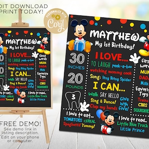 Mickey Mouse Chalkboard Sign, Mickey Mouse Party Sign, 1st Birthday Poster, Mickey Printable, Editable Corjl Template, Instant Download