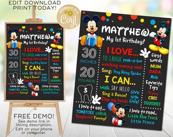 Mickey Mouse Chalkboard Sign, Mickey Mouse Party Sign, 1st Birthday Poster, Mickey Printable, Editable Corjl Template, Instant Download