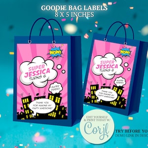 Mädchen Superheld Geburtstagsparty Geschenk Taschenaufkleber, Rosa Goodie Bag Aufkleber, Mädchen Held Gastgeschenke Dekoration, Superheld Partyideen - CORJL