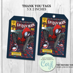 Etiquetas de agradecimiento de Miles Morales, imprimibles de cumpleaños, recuerdos y decoración para fiestas de Miles Morales, etiqueta colgante para bolsas de regalo, etiqueta para fiesta de superhéroes infantiles CORJL