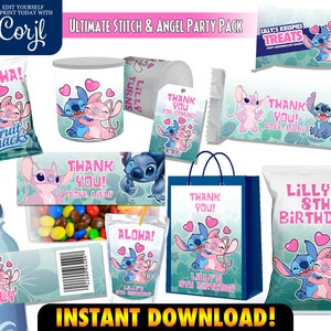 Decorazioni per feste Stitch Angel, bomboniere Stitch Angel, confezione festa Stitch Angel, etichetta per borsa regalo, etichetta Caprisun, modelli modificabili CORJL