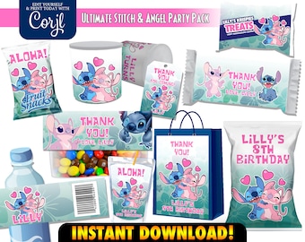 Décorations de fête Stitch Angel, Cadeaux Stitch Angel, Pack fête Stitch Angel, Étiquette de sac cadeau, Étiquette Caprisun, Modèles modifiables CORJL