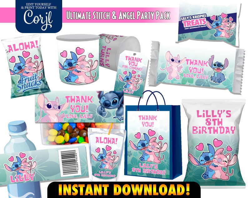 Stitch and Angel Party Package. Party Favors and Decoration. Caprisun Label and Chip Bag Label for Stitch Birthday Party!