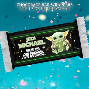 Baby Yoda chocolate bar wrappers or candy bar labels for birthday party. Use as party favors and decor.