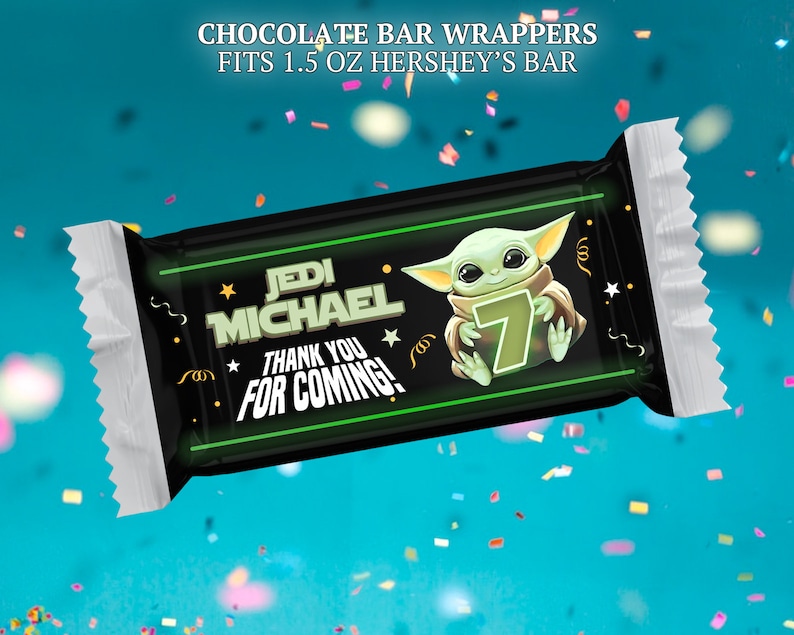Baby Yoda chocolate bar wrappers or candy bar labels for birthday party. Use as party favors and decor.