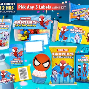 Imprimibles de Spidey y sus amigos, decoración de cumpleaños de Spidy y sus increíbles amigos, etiquetas para bolsas de papas fritas, etiquetas para botellas de agua, plantilla de obsequios para fiestas