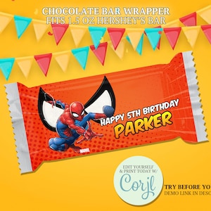 Spiderman Candy Bar Label, Spiderman Chocolate Wrappers, Hershey&#39;s Chocolate Bar Printable, Printable Spiderman Decor, Party Favors - CORJL
