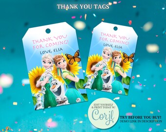 Frozen Thank You Tags: Spring Sunflower Birthday Party (Editable CORJL)