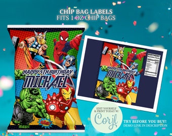 Etiquetas para bolsas de papas fritas de los Vengadores: Fiesta de cumpleaños de superhéroes (Descarga digital)