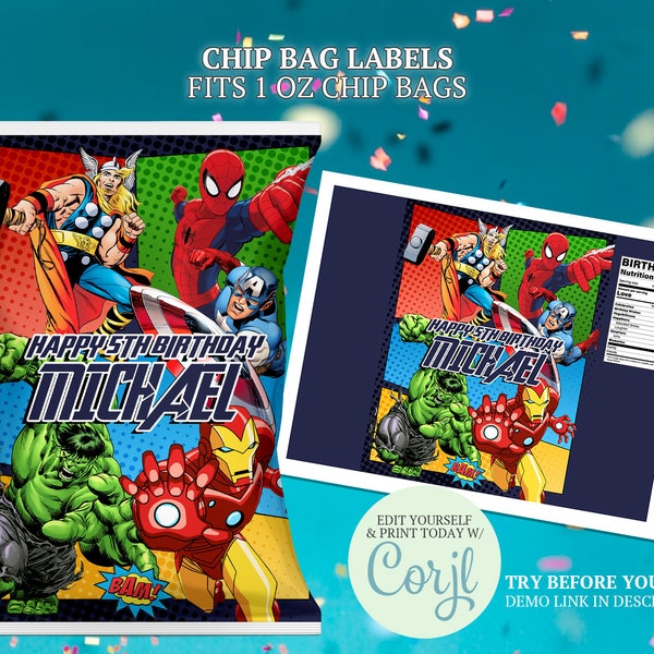 Avengers Chip Bag Labels, Avengers Party Printables, Superhero Birthday Party Ideas, Avengers Party Supplies, Avengers Crispies Wrappers