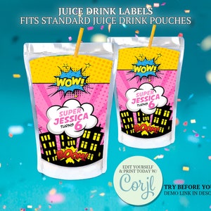 Etiqueta de suco de super-heroína para meninas, Etiqueta de Capri Suns para meninas, Imprimíveis para festa de aniversário de heroína rosa, Adesivos de bebidas de super-heroína, Decoração de festa