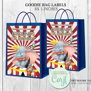 Label dombo-cadeauzakje, gunsten circus, dombo-buideltassen, cadeaus circus verjaardagsfeestje en weggeefacties, dumbo circus goodiebags, afdrukbaar