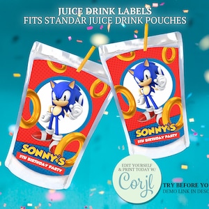 Étiquettes Sonic Caprisun, fête d'anniversaire sur le thème du hérisson, Etiquette pour boisson Sonic Juice, Imprimables Sonic, Cadeaux et cadeaux Sonic - CORJL