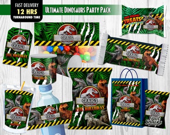 Jurassic Party Printables, Dinosaur Birthday Party, Printable Decorations, Dino Party Favors, Chip Bag Labels, Juice Label, Water Bottles
