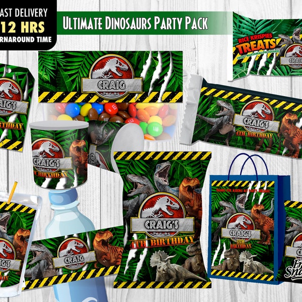 Jurassic-Party-Ausdrucke, Dinosaurier-Geburtstagsparty, druckbare Dekorationen, Dino-Partygeschenke, Chip-Tüten-Etiketten, Saft-Etikett, Wasserflaschen