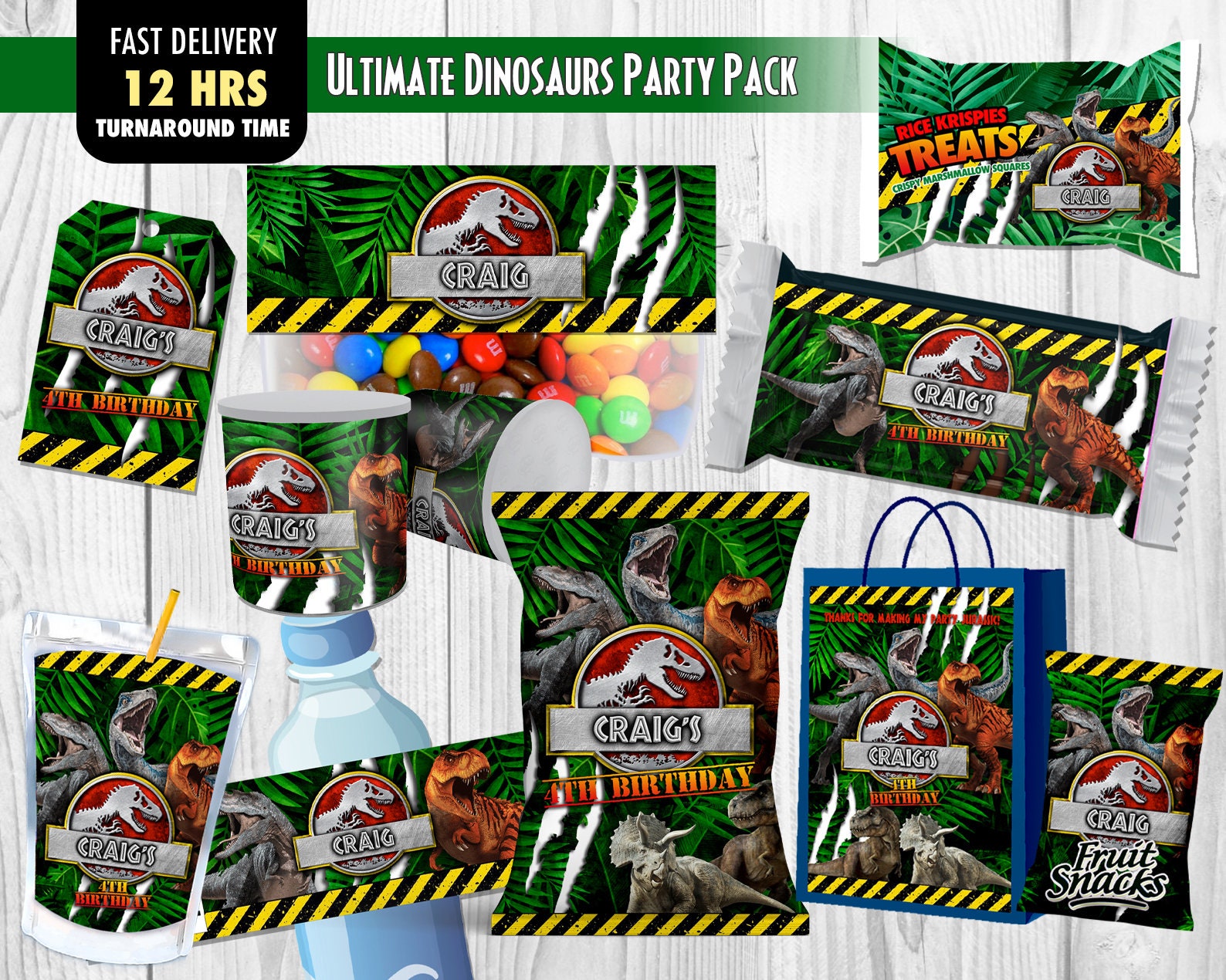 Jurassic Party Printables, Dinosaur Birthday Party, Printable Decorations, Dino Party Favors, Chip Bag Labels, Juice Label, Water Bottles