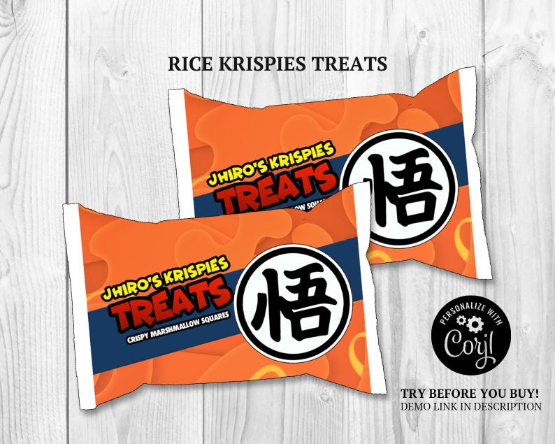 May include: Two orange and white Rice Krispies Treats packages. Each package has the text "Jhiro's Krispies Treats" in red and yellow, with a blue stripe. A black and white circular graphic is on each package.